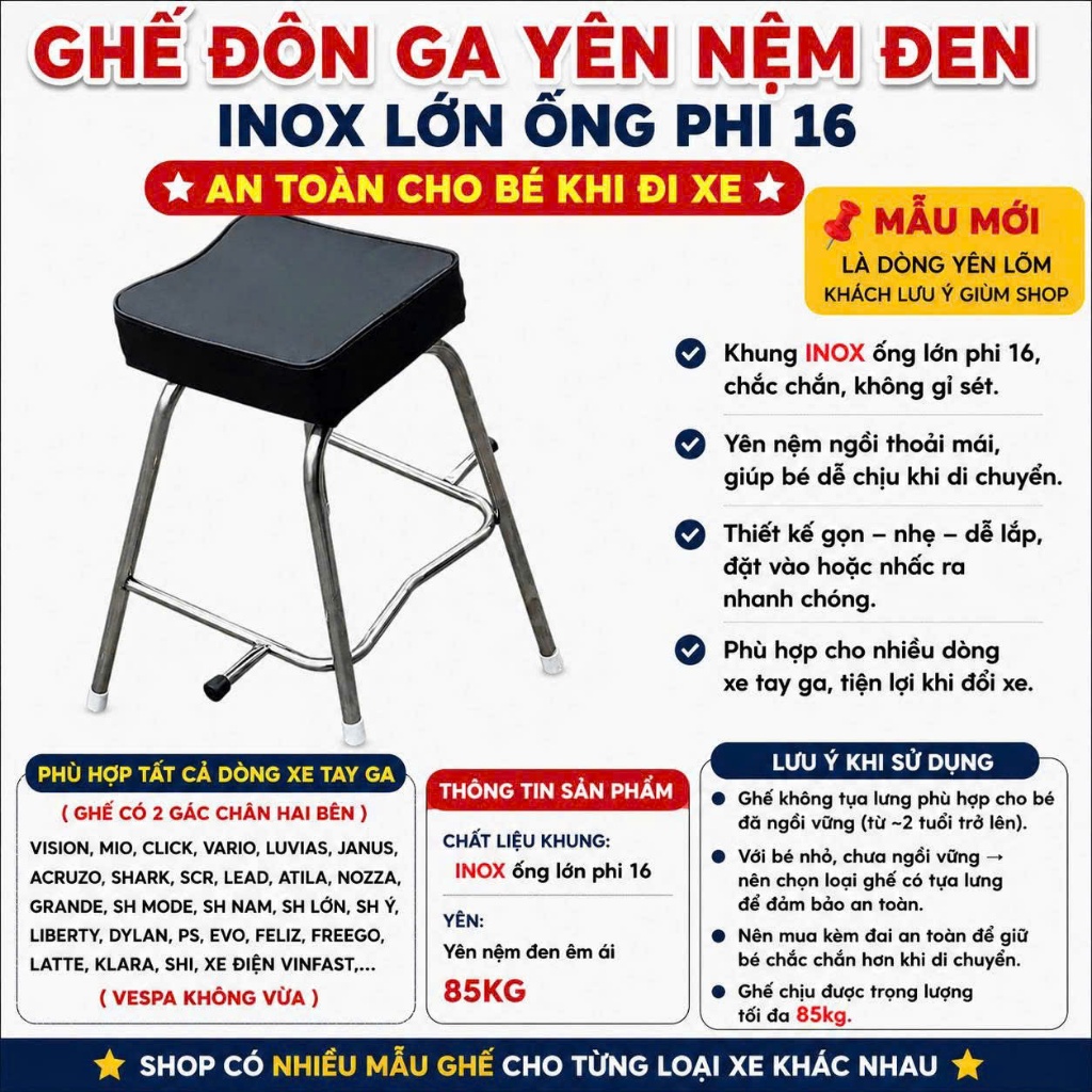 [ ĐÔN LỚN ] GHẾ ĐI XE MÁY KHÔNG TỰA - DÀNH CHO XE GA , Ghế Đôn Ga Inox Yên Nệm Đen Cao Cấp