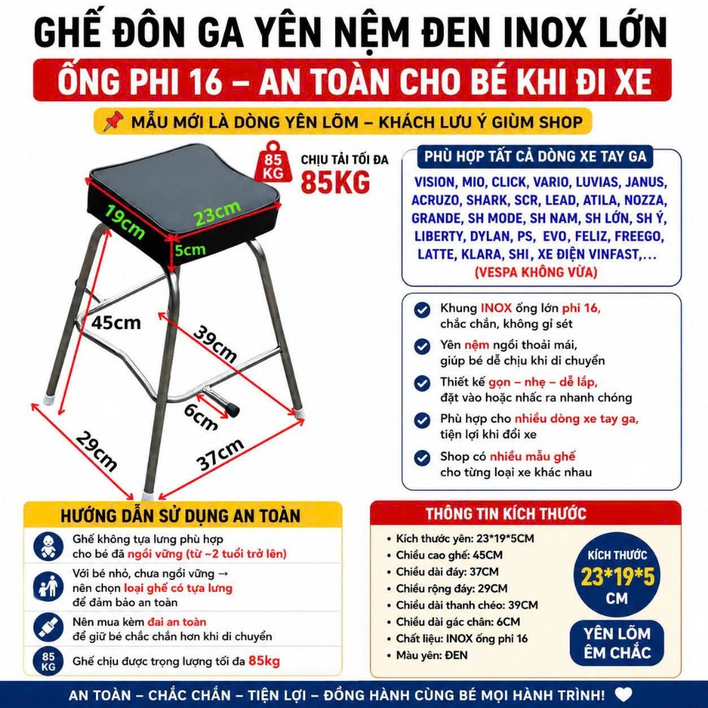 [ ĐÔN LỚN ] GHẾ ĐI XE MÁY KHÔNG TỰA DÀNH CHO XE GA , Ghế Đôn Ga Inox Yên Nệm