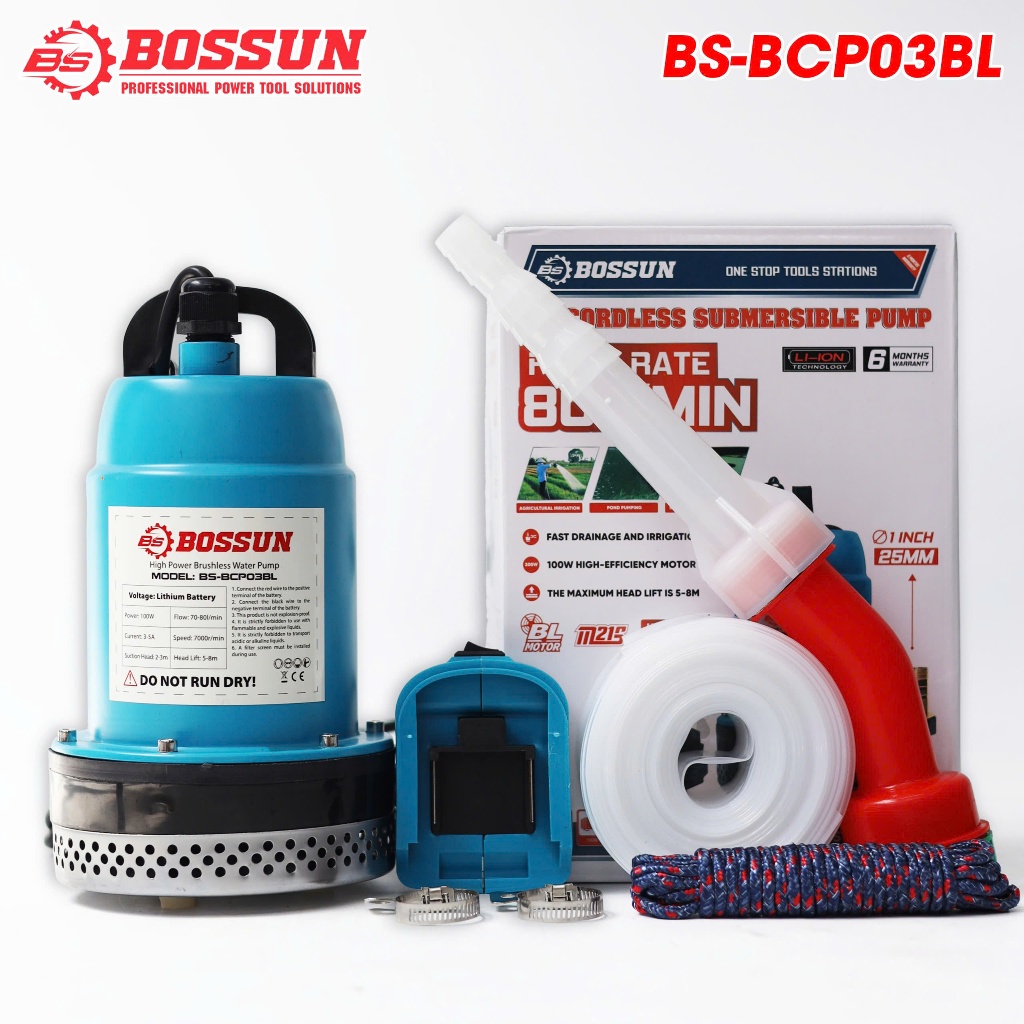 Máy bơm chìm nước sạch Bossun BS-BCP03BL - Máy bơm tõm chạy pin động cơ không chổi than 100W - 80L/Phút Tự cân bằng