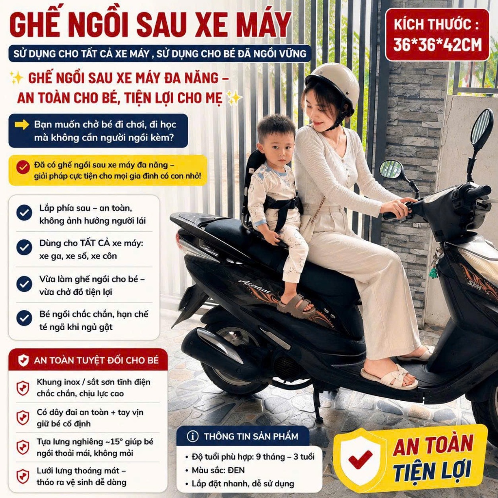Ghế Ngồi Sau Xe Máy An Toàn Cho Bé – Phù Hợp Xe Tay Ga, Xe Số, Xe Côn - Ghế Đa Năng Phù Hợp Tất Cả Các Loại Xe