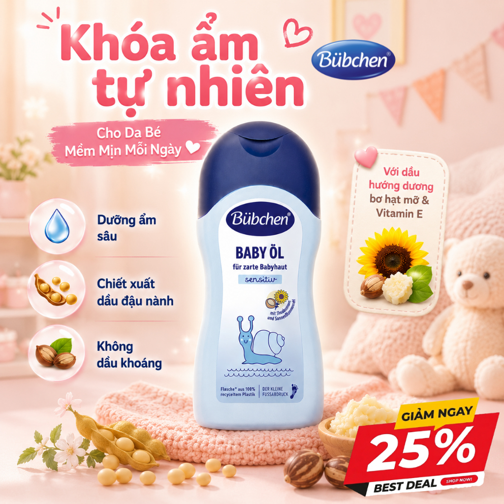 Dầu Massage Cho Bé BUBCHEN Baby Oil Dưỡng Ẩm Tăng Sức Đề Kháng Cho Da 200ml VM Baby Official