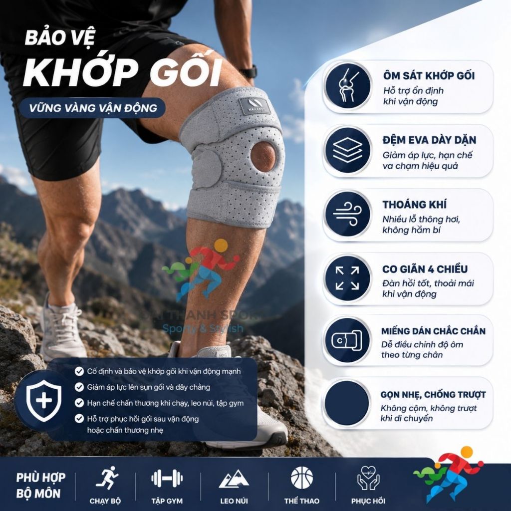 Đai Bó bảo vệ đầu gối thể thao Nailekesi Giúp Phòng Tránh Chấn Thương Dây Chằng, đệm EVA dày dặn thoáng khí co giãn