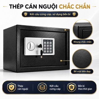Két Sắt Mini Mật Khẩu 35x25x25cm Có Chìa Khóa Cơ Dự Phòng, Thép Cán Nguội, Có Vách Ngăn Đựng Tiền Giấy Tờ Trang Sức
