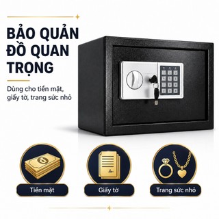 Két Sắt Mini Mật Khẩu 35x25x25cm Có Chìa Khóa Cơ Dự Phòng, Thép Cán Nguội, Có Vách Ngăn Đựng Tiền Giấy Tờ Trang Sức