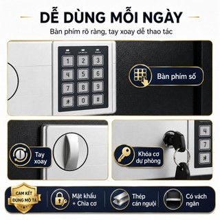 Két Sắt Mini Mật Khẩu 35x25x25cm Có Chìa Khóa Cơ Dự Phòng, Thép Cán Nguội, Có Vách Ngăn Đựng Tiền Giấy Tờ Trang Sức