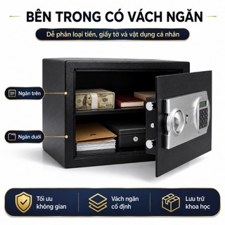 Két Sắt Mini Mật Khẩu 35x25x25cm Có Chìa Khóa Cơ Dự Phòng, Thép Cán Nguội, Có Vách Ngăn Đựng Tiền Giấy Tờ Trang Sức