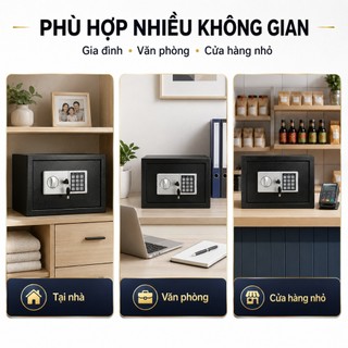 Két Sắt Mini Mật Khẩu 35x25x25cm Có Chìa Khóa Cơ Dự Phòng, Thép Cán Nguội, Có Vách Ngăn Đựng Tiền Giấy Tờ Trang Sức