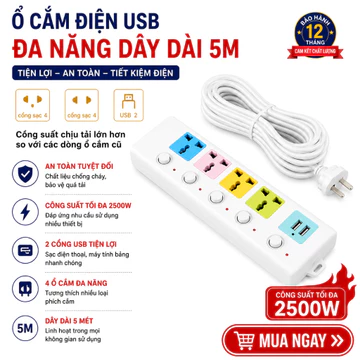 Ổ Cắm Điện Đa Năng Chịu Tải 2500W Dây Dài 5M Ổ Cắm Điện Thông Minh 2 Cổng Cắm USB Chốt Chống Giật An Toàn