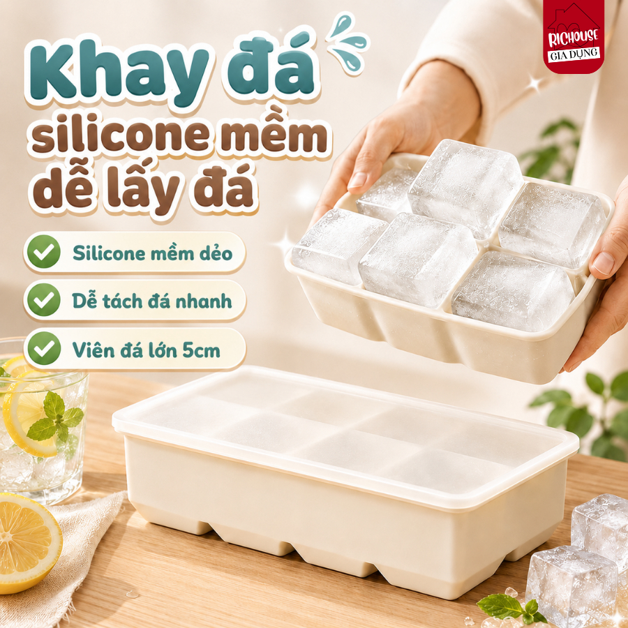 Khay Làm Đá Silicon Có Nắp Chống Mùi Tủ Lạnh Richouse, Khay Làm Đá Thông Minh 4-6-8 Viên