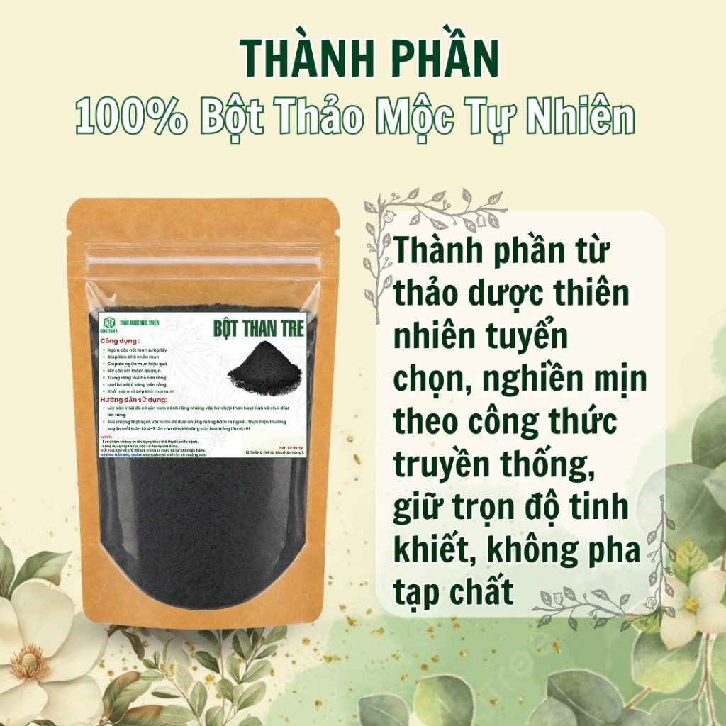 Bột Than Tre Nguyên Chất Đức Thiện (Mịn, Sạch, Thơm) - Trắng Răng, Ngăn Ngừa Mun, Giảm Sưng Tấy