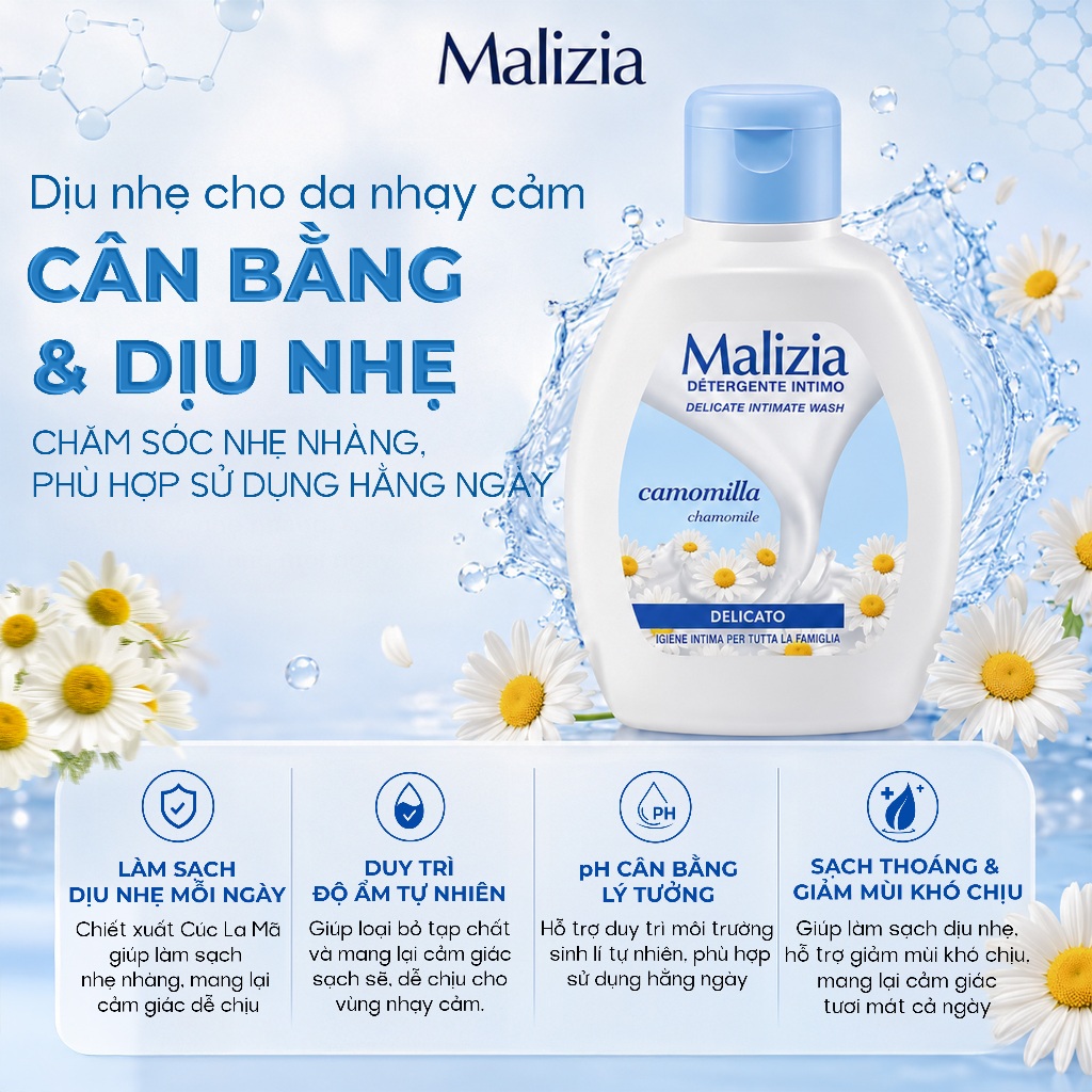Dung Dịch Vệ Sinh Phụ Nữ Malizia Camomilla 200ml Hoa Cúc Dịu Nhẹ Làm Sạch Cân Bằng pH Cho Da Nhạy Cảm Dùng Mỗi Ngày