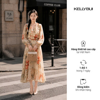 [KELLYBUI] Áo sơ mi Chiffon Cổ V Bèo Ngực & Chân Váy Maxi Đuôi Cá In Hoa Thanh Lịch