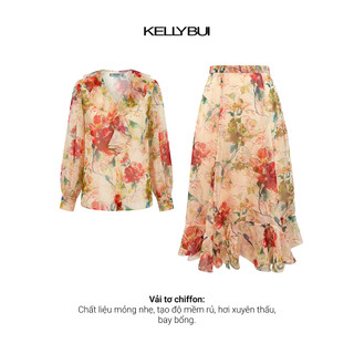 [KELLYBUI] Áo sơ mi Chiffon Cổ V Bèo Ngực & Chân Váy Maxi Đuôi Cá In Hoa Thanh Lịch