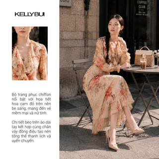 [KELLYBUI] Áo sơ mi Chiffon Cổ V Bèo Ngực & Chân Váy Maxi Đuôi Cá In Hoa Thanh Lịch