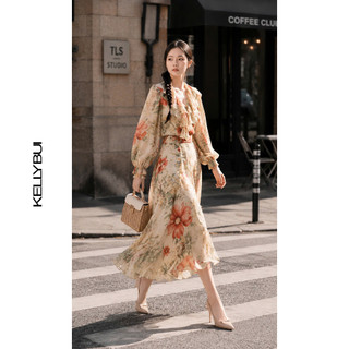 [KELLYBUI] Áo sơ mi Chiffon Cổ V Bèo Ngực & Chân Váy Maxi Đuôi Cá In Hoa Thanh Lịch