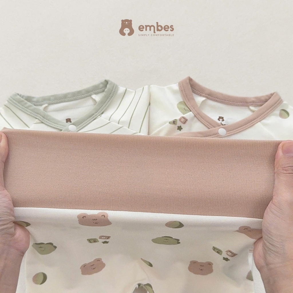 Bộ Sơ Sinh Embes, Bộ Dài Tay Cài Chéo In Họa Tiết Chất Viscose Mềm Mại Cho Bé Sơ Sinh Từ 0-9 Tháng