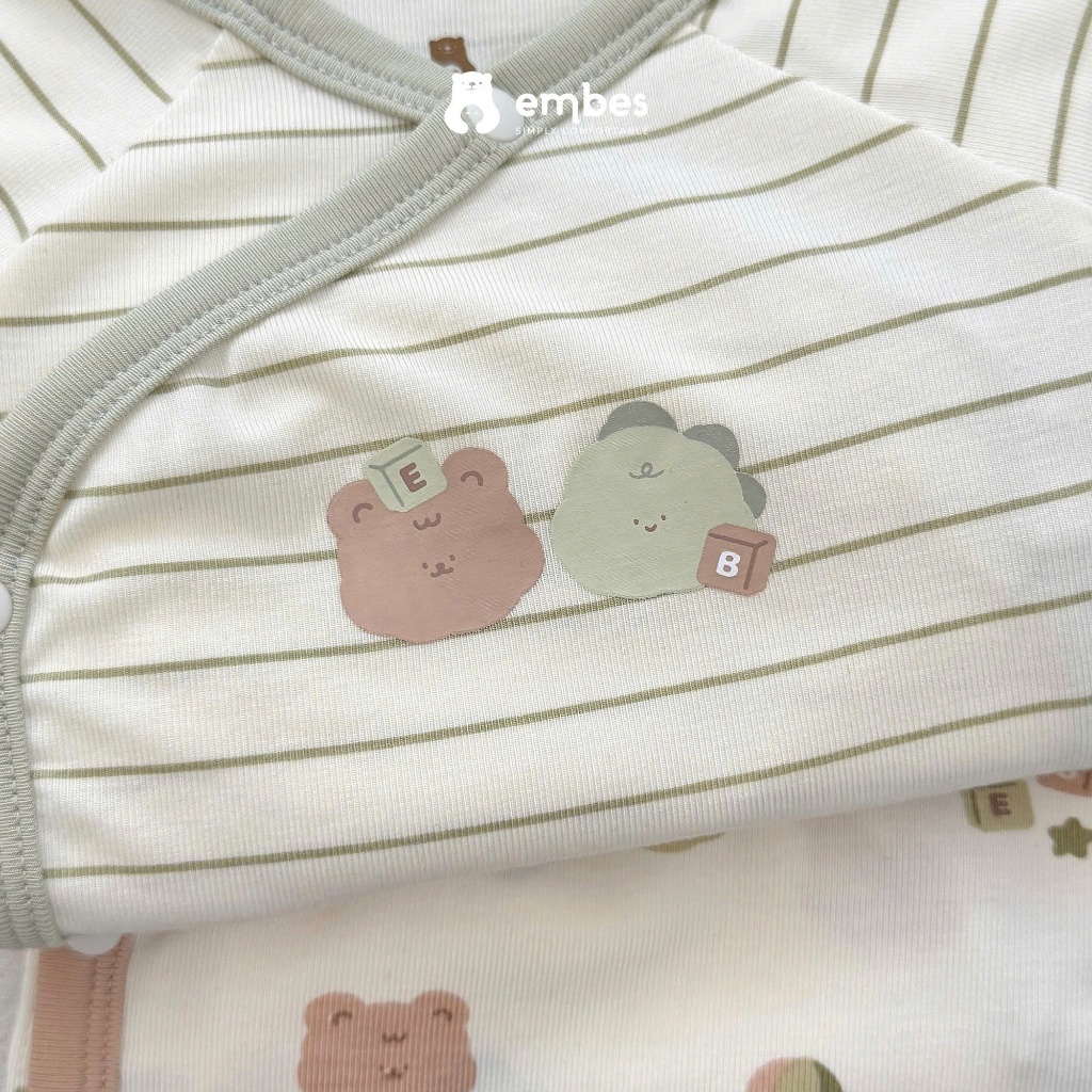 Bộ Sơ Sinh Embes, Bộ Dài Tay Cài Chéo In Họa Tiết Chất Viscose Mềm Mại Cho Bé Sơ Sinh Từ 0-9 Tháng