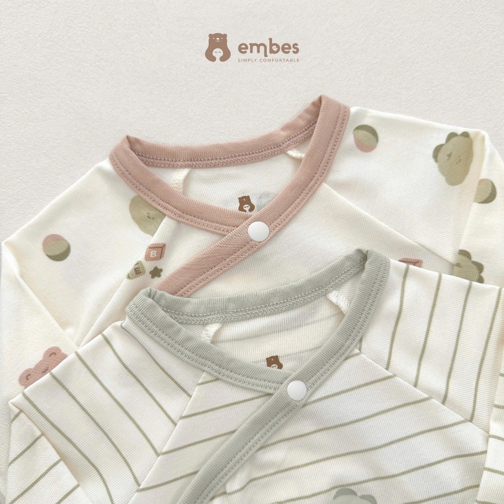 Bộ Sơ Sinh Embes, Bộ Dài Tay Cài Chéo In Họa Tiết Chất Viscose Mềm Mại Cho Bé Sơ Sinh Từ 0-9 Tháng