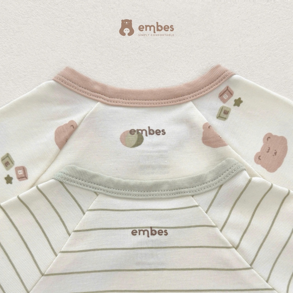 Bộ Sơ Sinh Embes, Bộ Dài Tay Cài Chéo In Họa Tiết Chất Viscose Mềm Mại Cho Bé Sơ Sinh Từ 0-9 Tháng