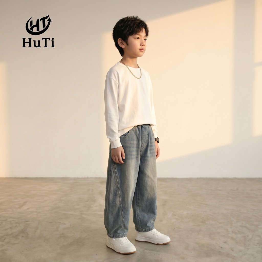 Quần Jeans Ống Bí Cho Bé HuTi Kids - Quần Bò Ống Phồng Dáng Bom Cực Chất Cho Bé Trai Bé Gái
