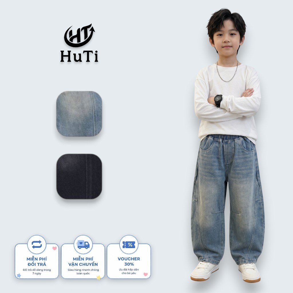 Quần Jeans Ống Bí Cho Bé HuTi Kids - Quần Bò Ống Phồng Dáng Bom Cực Chất Cho Bé Trai Bé Gái