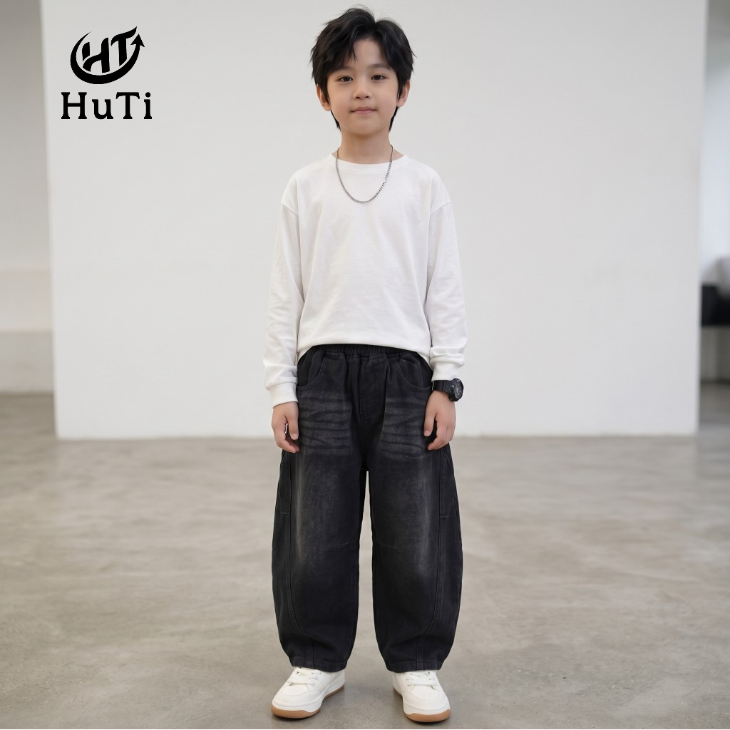 Quần Jeans Ống Bí Cho Bé HuTi Kids - Quần Bò Ống Phồng Dáng Bom Cực Chất Cho Bé Trai Bé Gái