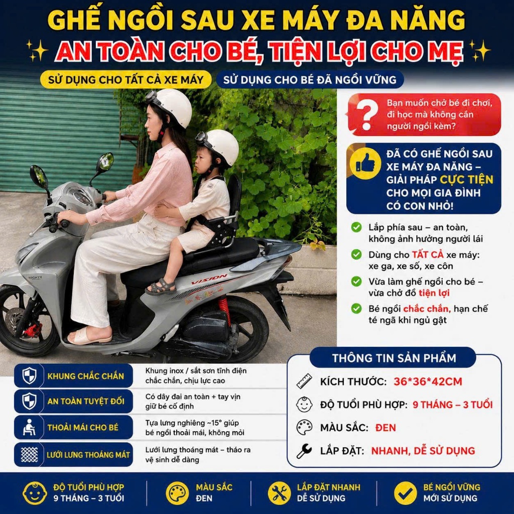 GHẾ NGỒI SAU XE MÁY INOX AN TOÀN CHO BÉ