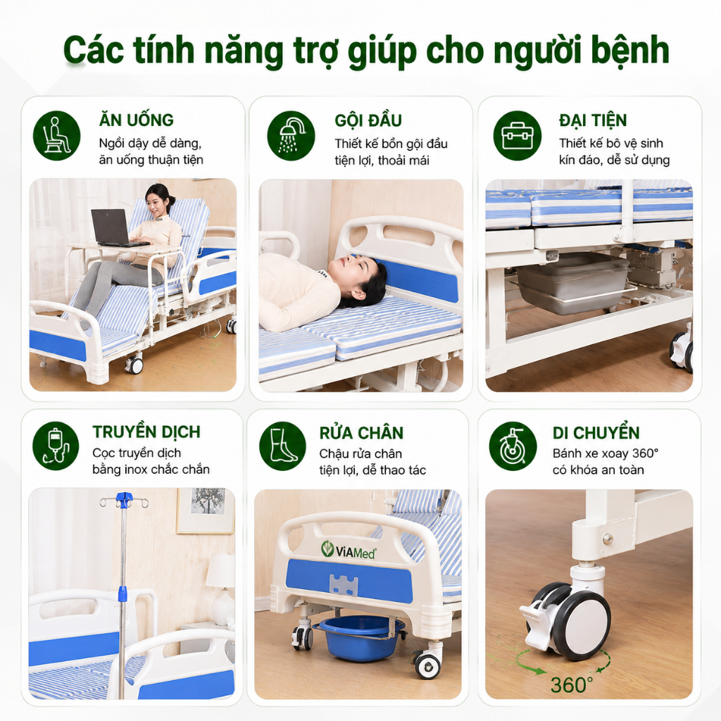 Giường Y Tế 4 Tay Quay Nâng Hạ Lưng - Chân - Lật nghiêng, Giường Bệnh Đa Năng Cho Người Già, Tai Biến (BẢO HÀNH 2 NĂM)