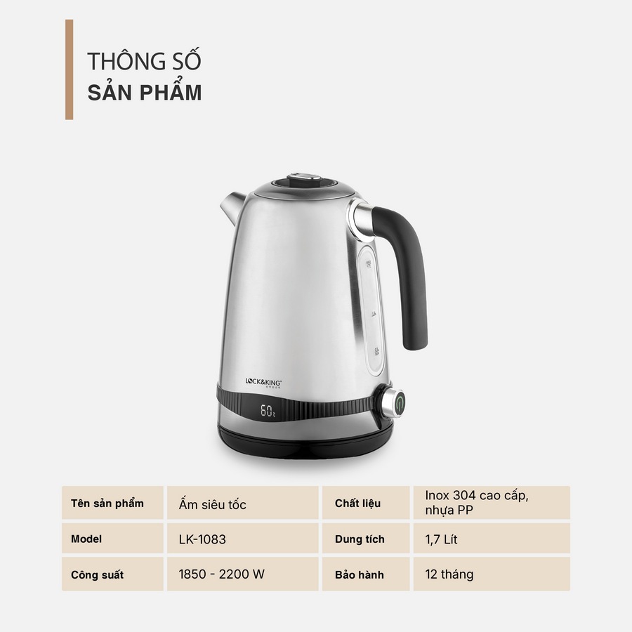 Ấm Siêu Tốc Inox 304 1.7L LK-1083 Công Suất 2200W Đun Sôi Nhanh An Toàn Cho Gia Đình