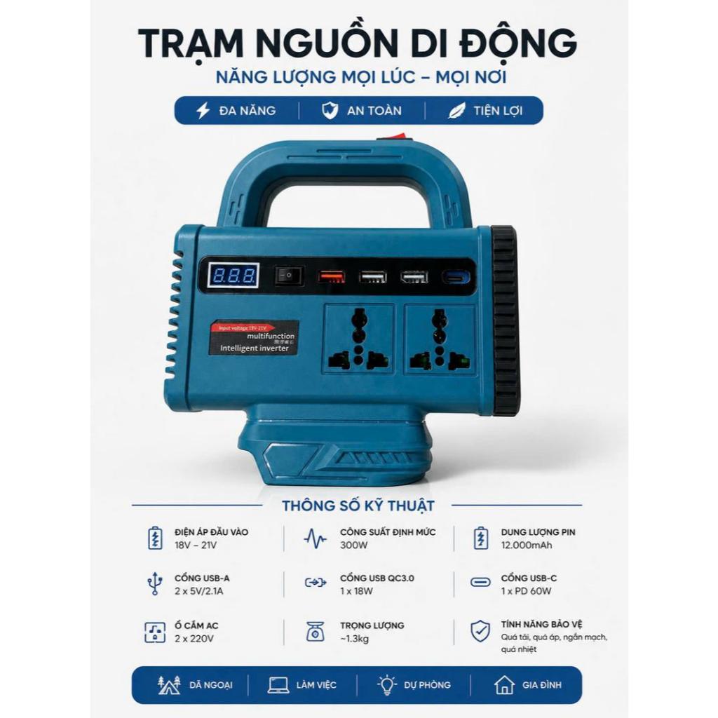 (Tích Hợp Đèn LED) Đế Chuyển Nguồn Điện 21V Sang 220V Cắm Được Quạt – Chân Pin Phổ Thông M21 – Có Đèn LED – Sạc USB Type