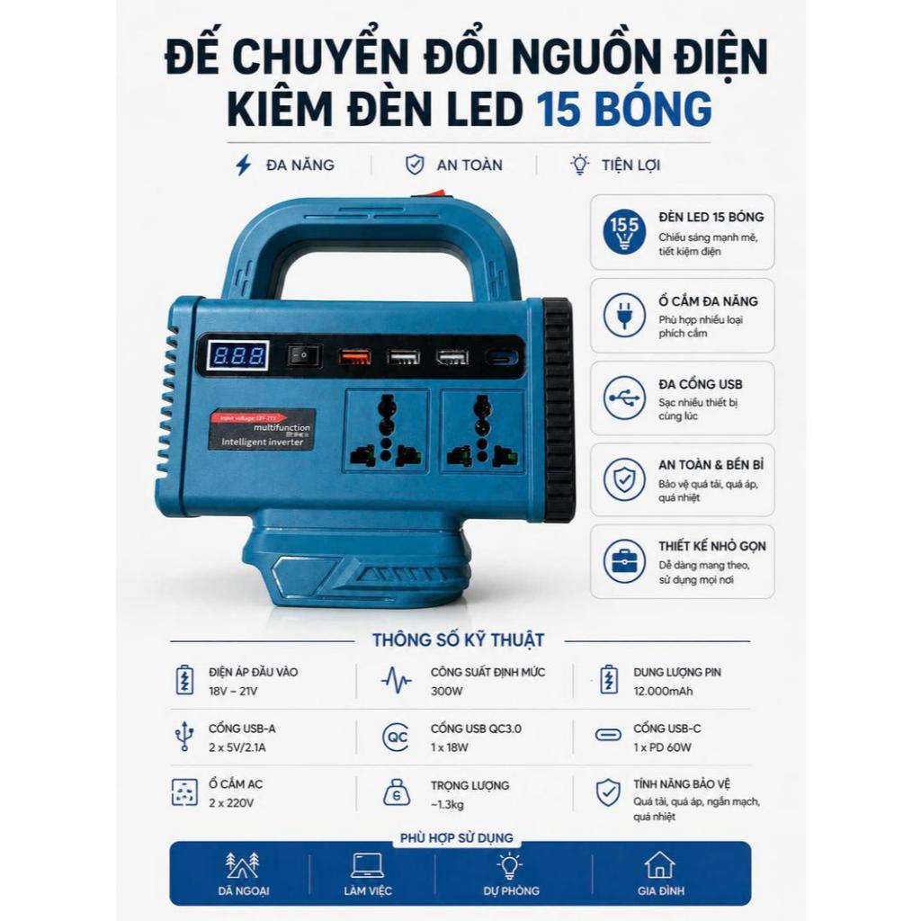 (Tích Hợp Đèn LED) Đế Chuyển Nguồn Điện 21V Sang 220V Cắm Được Quạt – Chân Pin Phổ Thông M21 – Có Đèn LED – Sạc USB Type
