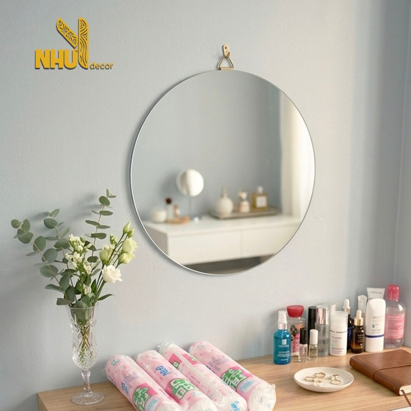 Gương tròn treo nhà tắm không viền - gương decor phòng siêu xinh tặng kèm phụ kiện treo