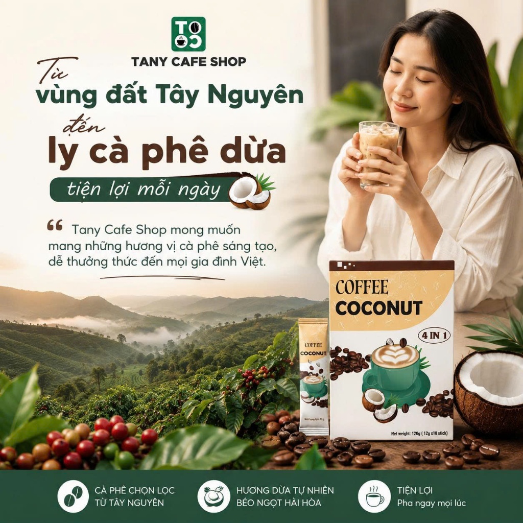 (COMBO 3 HỘP) Cà Phê Dừa HEALTHY - Ít Đường Dành Cho Người Ăn Kiêng & Ăn HEALTHY - TANY CAFE, 1 Hộp 10 Gói x 12g
