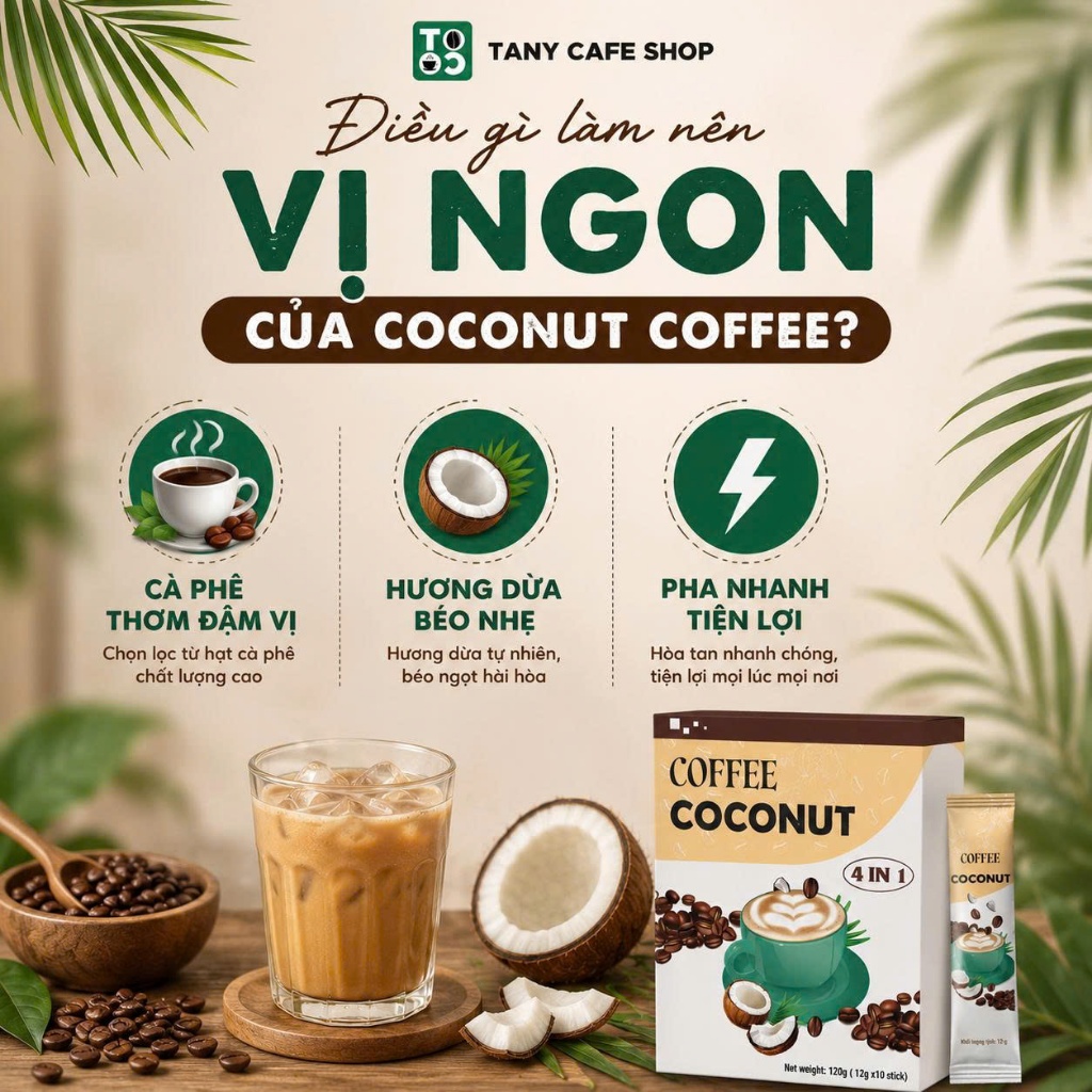 (COMBO 3 HỘP) Cà Phê Dừa HEALTHY - Ít Đường Dành Cho Người Ăn Kiêng & Ăn HEALTHY - TANY CAFE, 1 Hộp 10 Gói x 12g