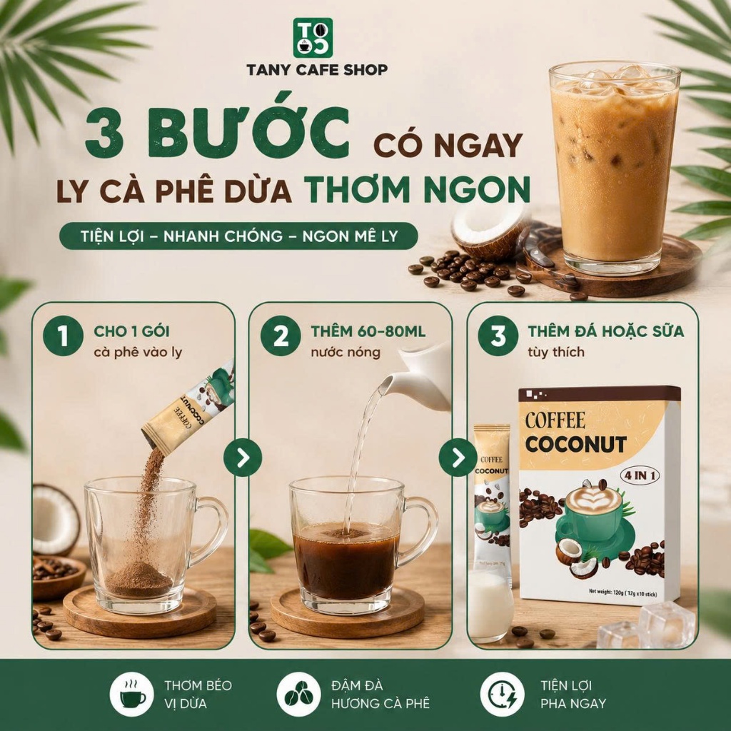 (COMBO 3 HỘP) Cà Phê Dừa HEALTHY - Ít Đường Dành Cho Người Ăn Kiêng & Ăn HEALTHY - TANY CAFE, 1 Hộp 10 Gói x 12g