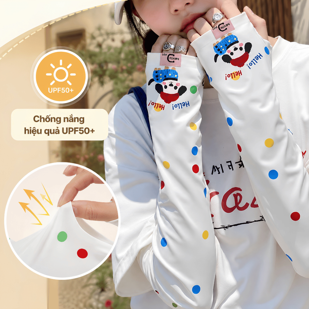 Ống Tay Chống Nắng Nữ Ice Silk Hoạt Hình Kawaii, Găng Tay Tất Tay Chống UV Mát Lạnh Đi Xe Ngoài Trời
