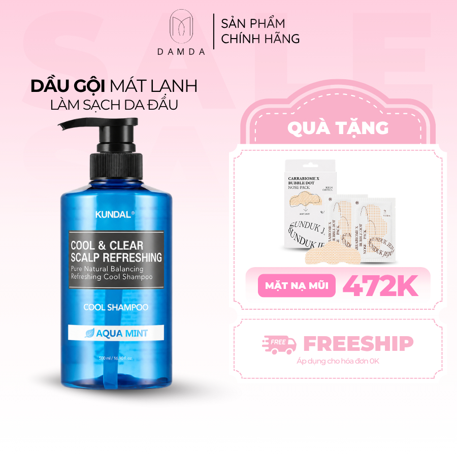 Dầu gội mát lạnh làm sạch da đầu KUNDAL COOL & CLEAR SCALP REFRESHING COOL SHAMPOO AQUA MINT 500ml | DAMDAVN