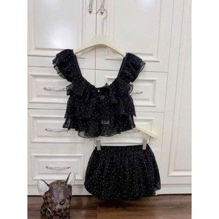 Set váy thời trang nữ sexy chất tơ ánh kim cao cấp họa tiết chấm bi cổ vuông tay ngắn viền xếp tầng phối váy bí phồng