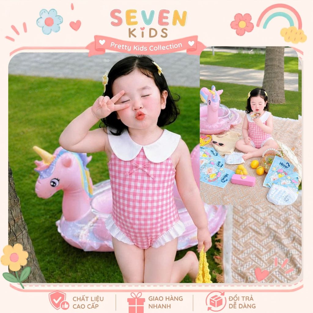 Đồ bơi bé gái liền thân caro hồng cổ sen dễ thương, đồ bơi trẻ em phối bèo cho bé đi biển đi bơi S1