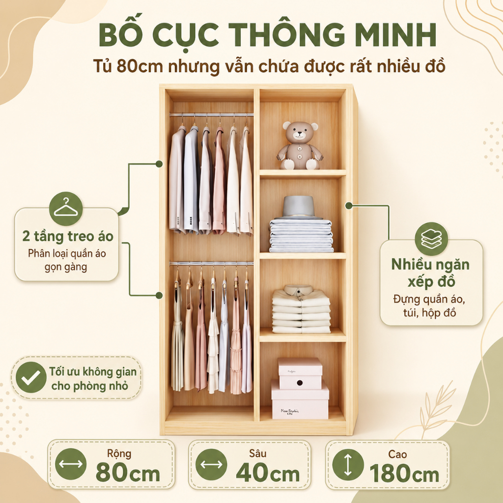 CONOCO Tủ quần áo 2 cánh 80cm ván dày có thanh treo gọn phòng ngủ nhỏ