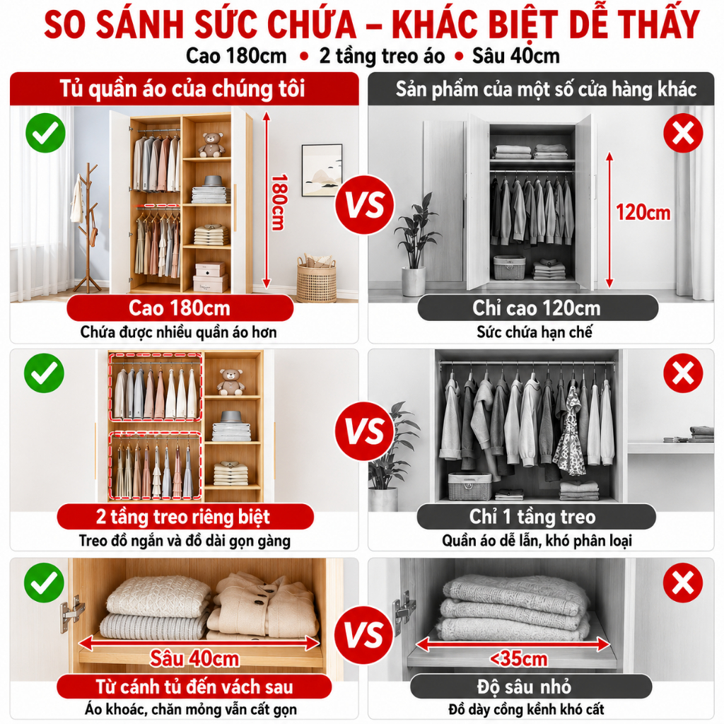CONOCO Tủ quần áo 2 cánh 80cm ván dày có thanh treo gọn phòng ngủ nhỏ