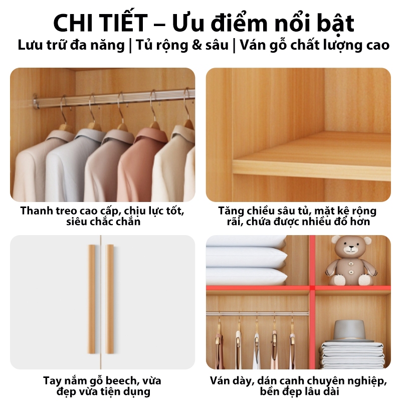 CONOCO Tủ quần áo 2 cánh 80cm ván dày có thanh treo gọn phòng ngủ nhỏ