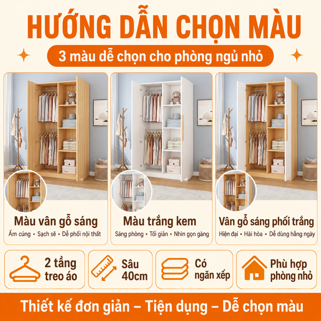 CONOCO Tủ quần áo 2 cánh 80cm ván dày có thanh treo gọn phòng ngủ nhỏ