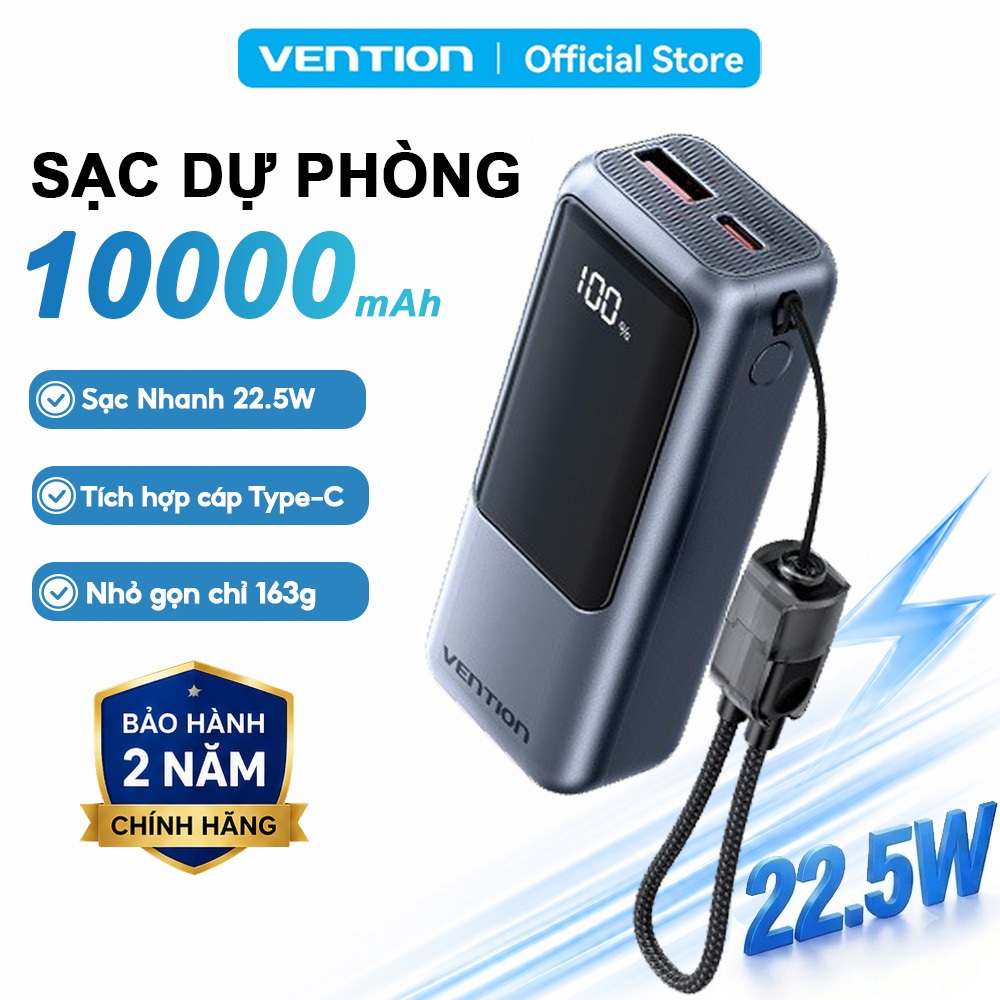 【Hàng mới 2026】Pin Sạc Dự Phòng Mini 22.5W 10000mAh Vention Tích Hợp Dây Type C, Màn LED Hiển Thị, Hỗ Trợ Sạc Nhanh