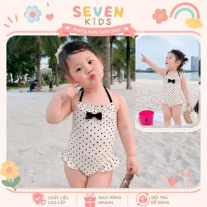 Đồ bơi bé gái liền thân chấm bi trắng đen, đồ bơi trẻ em hai dây phối nơ dễ thương cho bé S2