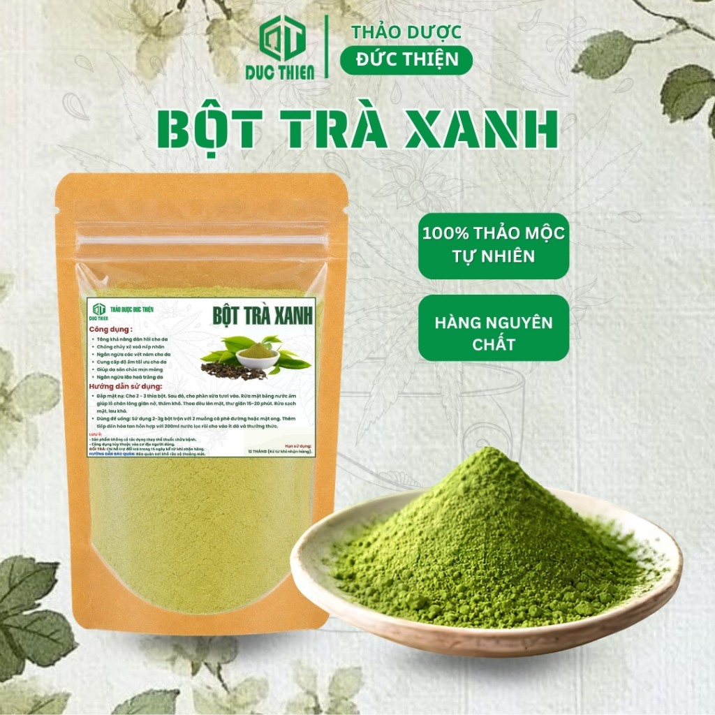 Bột Trà Xanh Nguyên Chất Đức Thiện (Mịn, Sạch, Thơm) - Ngăn Ngừa Mun, Dưỡng Da Trắng Mịn