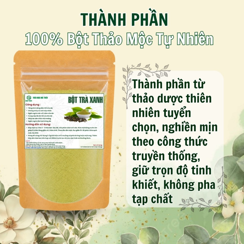Bột Trà Xanh Nguyên Chất Đức Thiện (Mịn, Sạch, Thơm) - Ngăn Ngừa Mun, Dưỡng Da Trắng Mịn