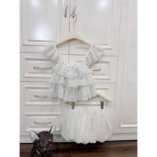 Set váy thời trang nữ sexy chất tơ ánh kim cao cấp họa tiết chấm bi cổ vuông tay ngắn viền xếp tầng phối váy bí phồng