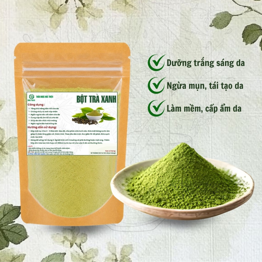 Bột Trà Xanh Nguyên Chất Đức Thiện (Mịn, Sạch, Thơm) - Ngăn Ngừa Mun, Dưỡng Da Trắng Mịn