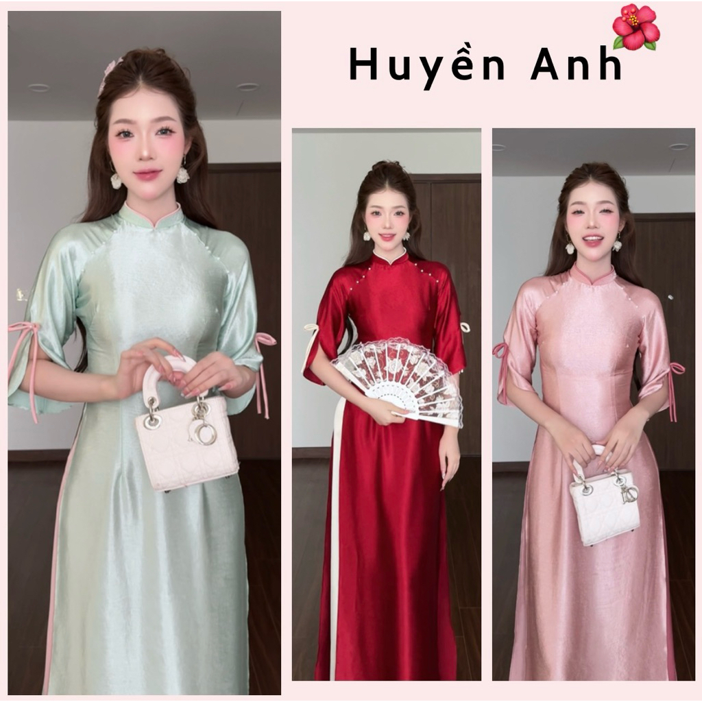 Áo Dài Truyền Thống Vải Lụa TiTan, Form Ôm Chiết Eo, Tay Loe Xẻ Đính Nơ Cách Điệu, Phù Hợp Đi Dậy Học, Chụp Ảnh